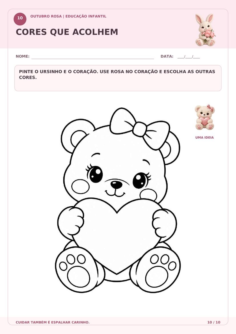 Atividade de colorir Outubro Rosa com ursinha fofa segurando um coração grande